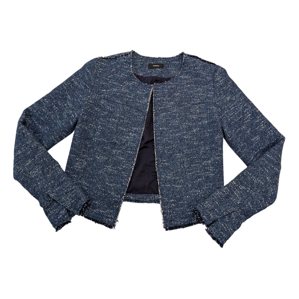 Theory Ualana Indigo Tweed Jacket Women's Size 2 Raw Edge Open Front Blazer